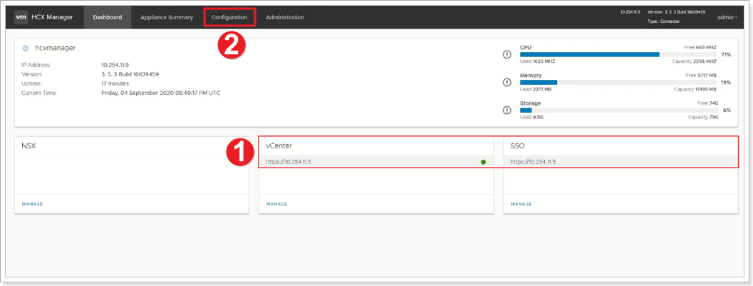 HCX configuration dashboard after restart