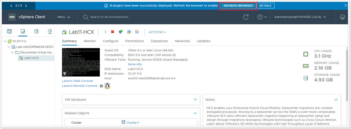 Refrehs On-Premises vCenter UI to load HCX plugin